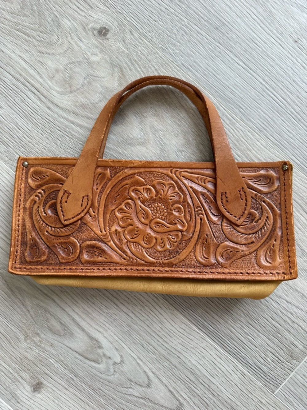 Vintage Tooled Leather Mini Tote Upcycled Western Bag Schoellkopf Elephant Stamp